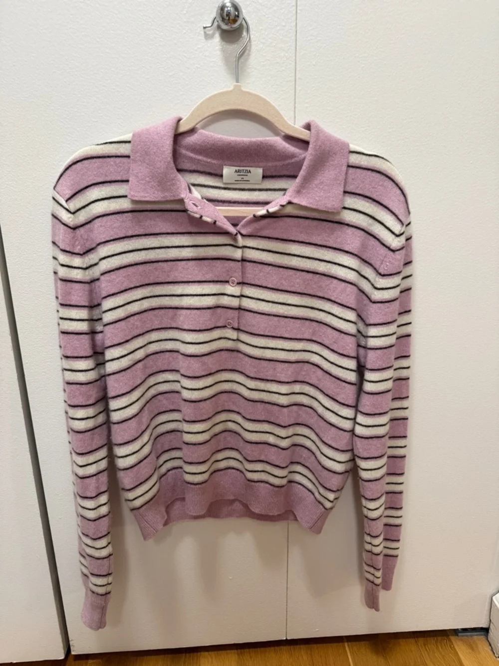 Aritzia Lavender & Cream Striped Polo Sweater - Picture 3 of 4